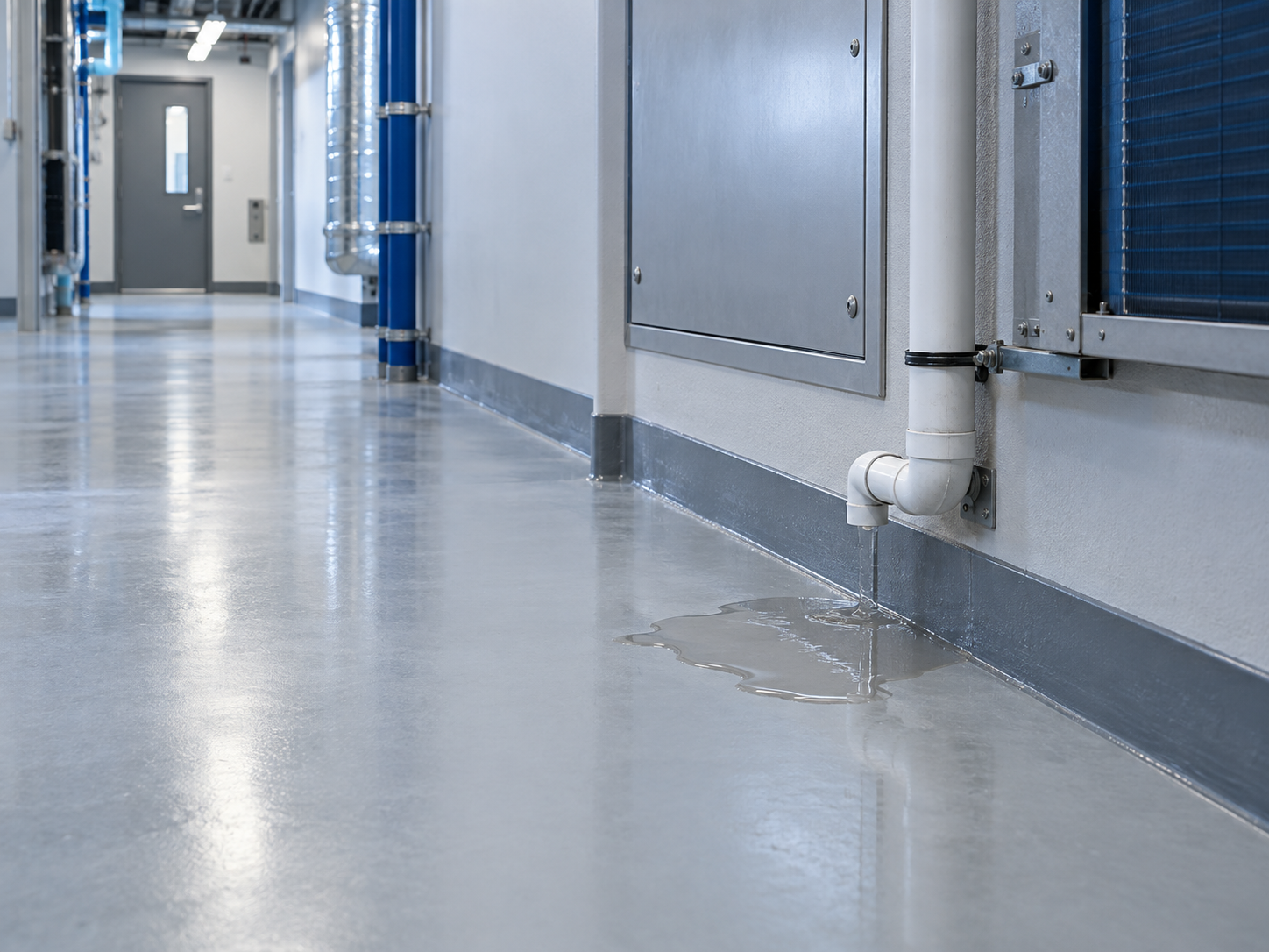 Illustrative service corridor with water beneath an equipment drain
